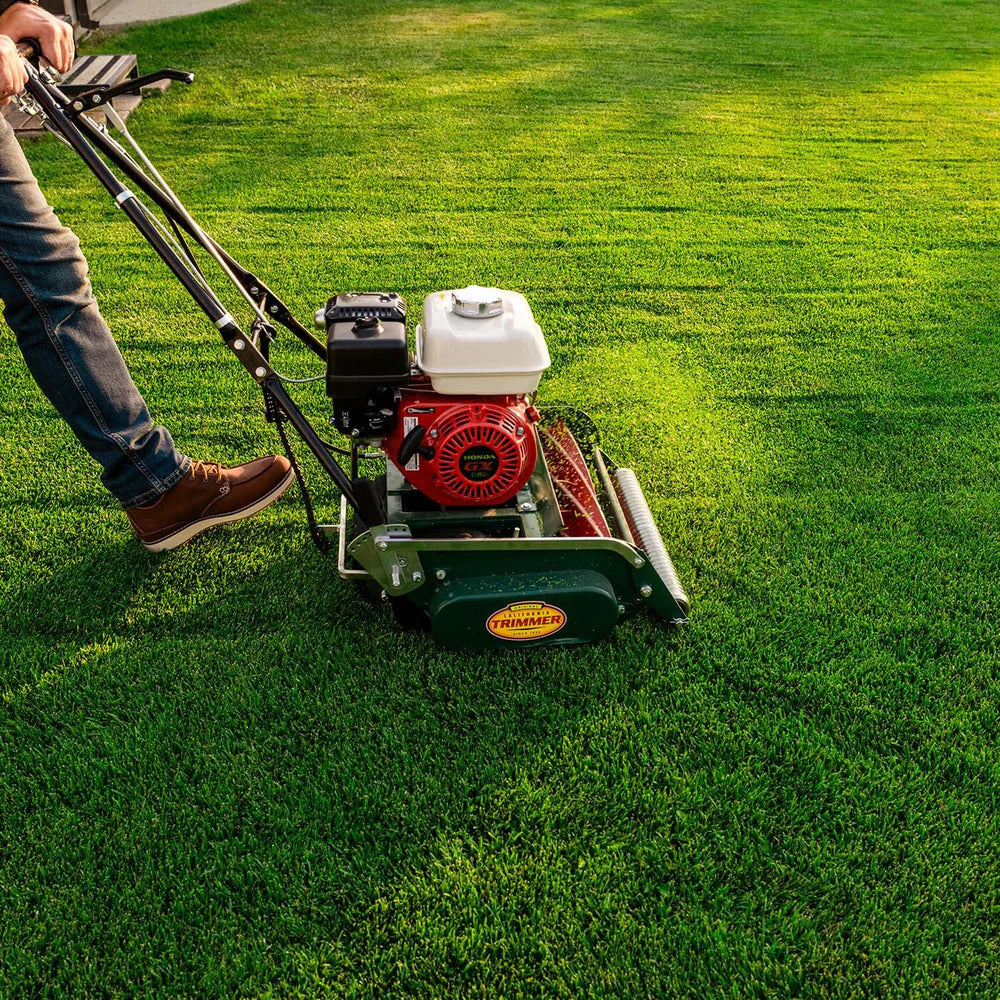 VIRLALA Classic Standard 20-inch gas-powered walk-behind lawn mower with 7 blades on a grassy yard.