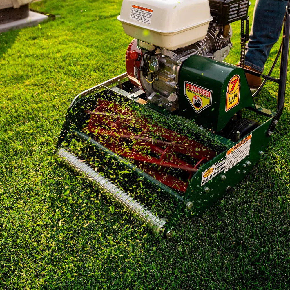VIRLALA Classic Standard 20-inch 7-blade gas walk-behind lawn mower with a metal deck and adjustable cutting height.
