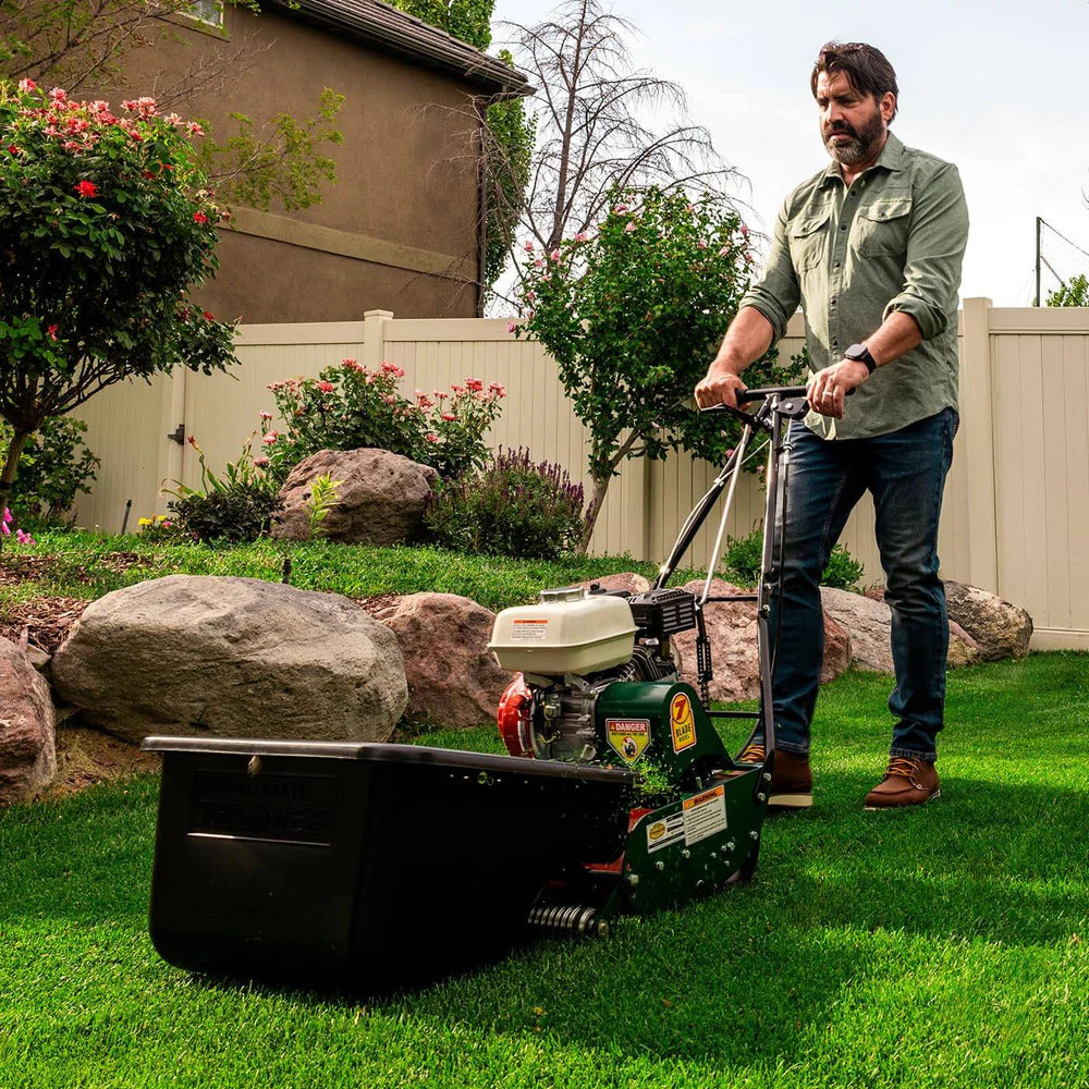 VIRLALA Classic Standard 20-inch gas walk-behind lawn mower with 7 blades on a grassy yard.