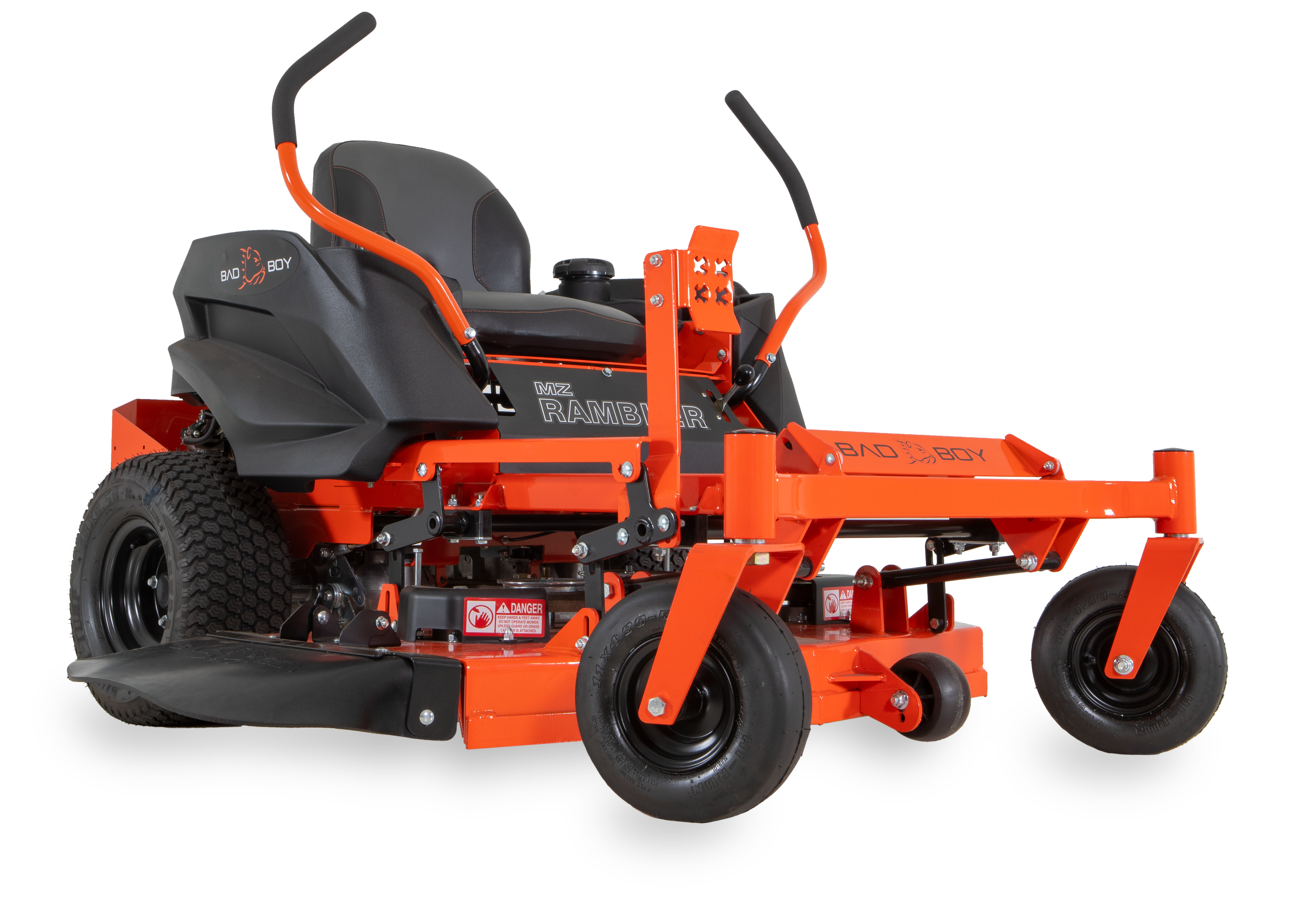 VIRLALA Bad Boy MZ Rambler 42-inch zero-turn riding mower with 26 HP Kohler engine, shown from the side in a studio setting.