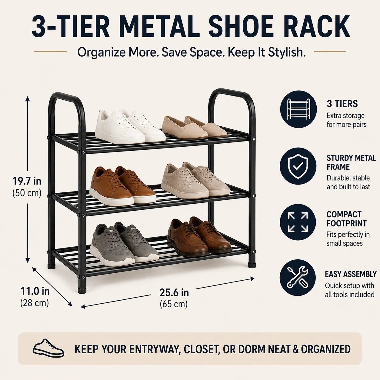 3-Tier Freestanding Metal Shoe Rack, Black, 65 x 28 x 50 cm