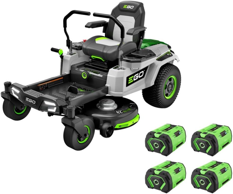 VIRLALA EGO Power+ Z6 42-inch electric zero turn riding lawn mower with 22HP equivalent, shown on a lush green lawn.