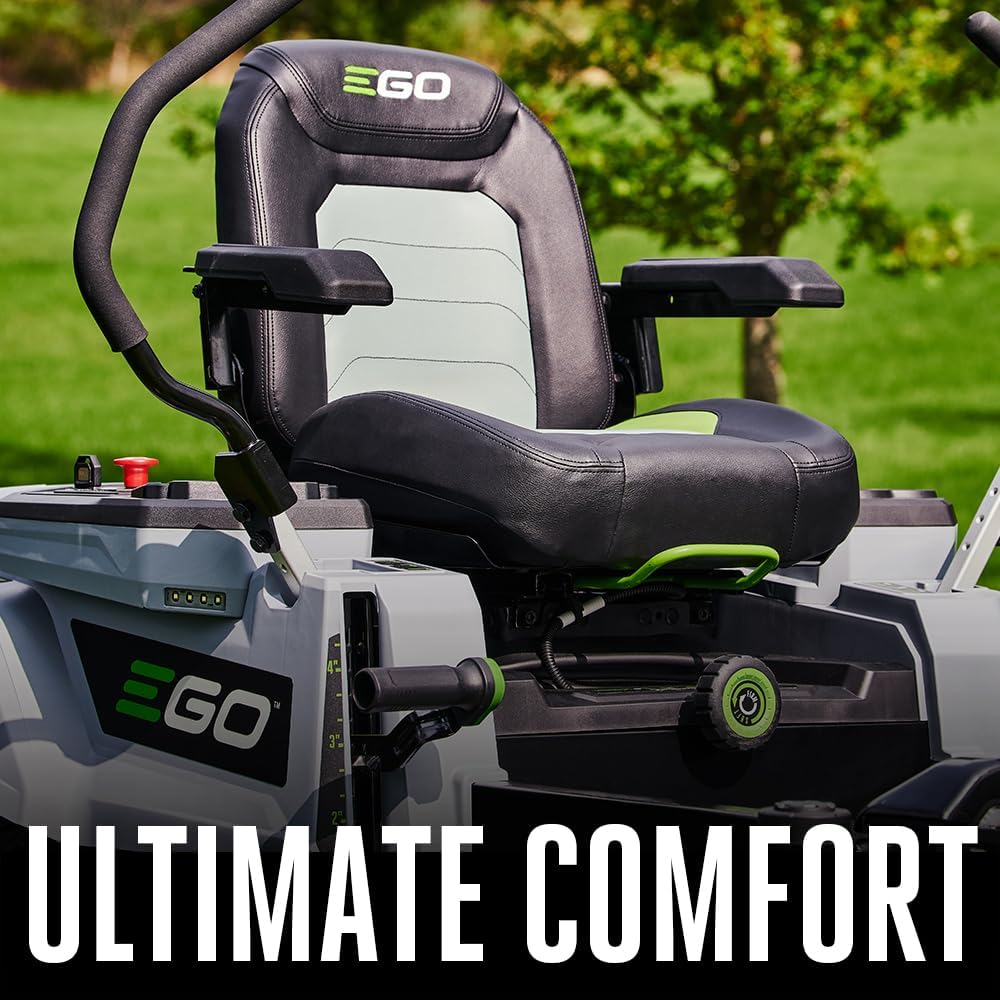 VIRLALA EGO Power+ Z6 42-inch electric zero-turn riding lawn mower with 22HP equivalent, cutting grass in a lush yard.