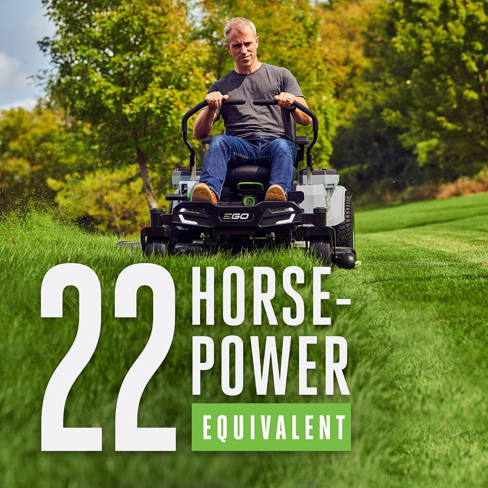 VIRLALA EGO Power+ Z6 42-inch zero turn electric riding lawn mower with 22HP equivalent, featuring a wide cutting deck and ergonomic seat.