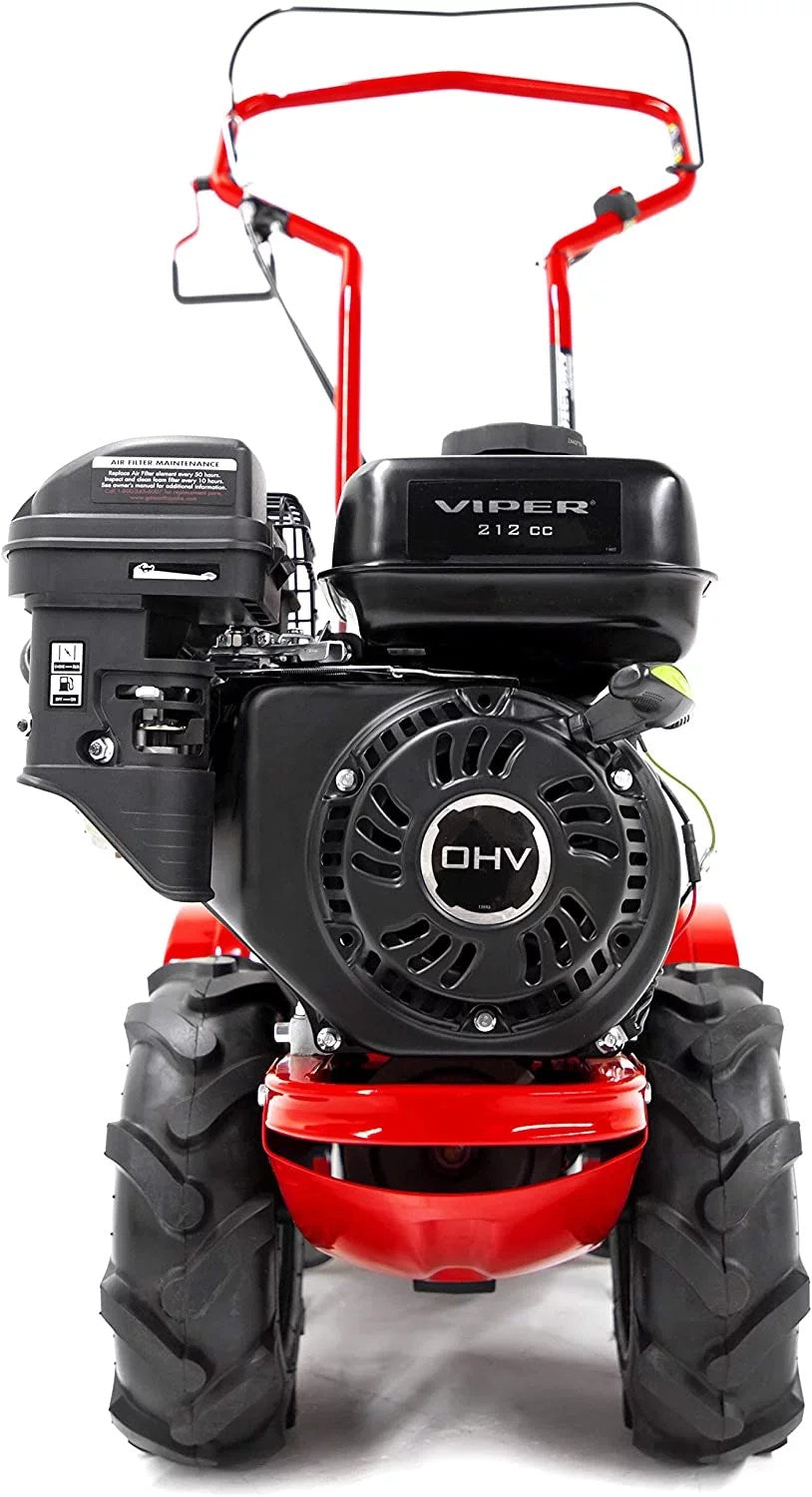 VIRLALA Earthquake Victory rear tine tiller with 212cc 4-cycle Viper engine for tilling and cultivating soil.
