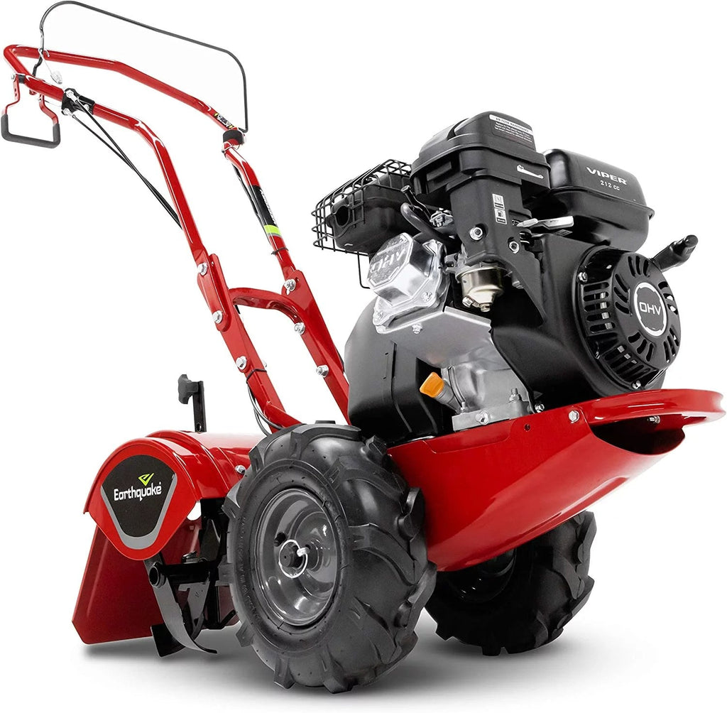 VIRLALA Earthquake 33970 Victory rear tine tiller with 212cc Viper 4-cycle engine, used for cultivating soil in gardening.