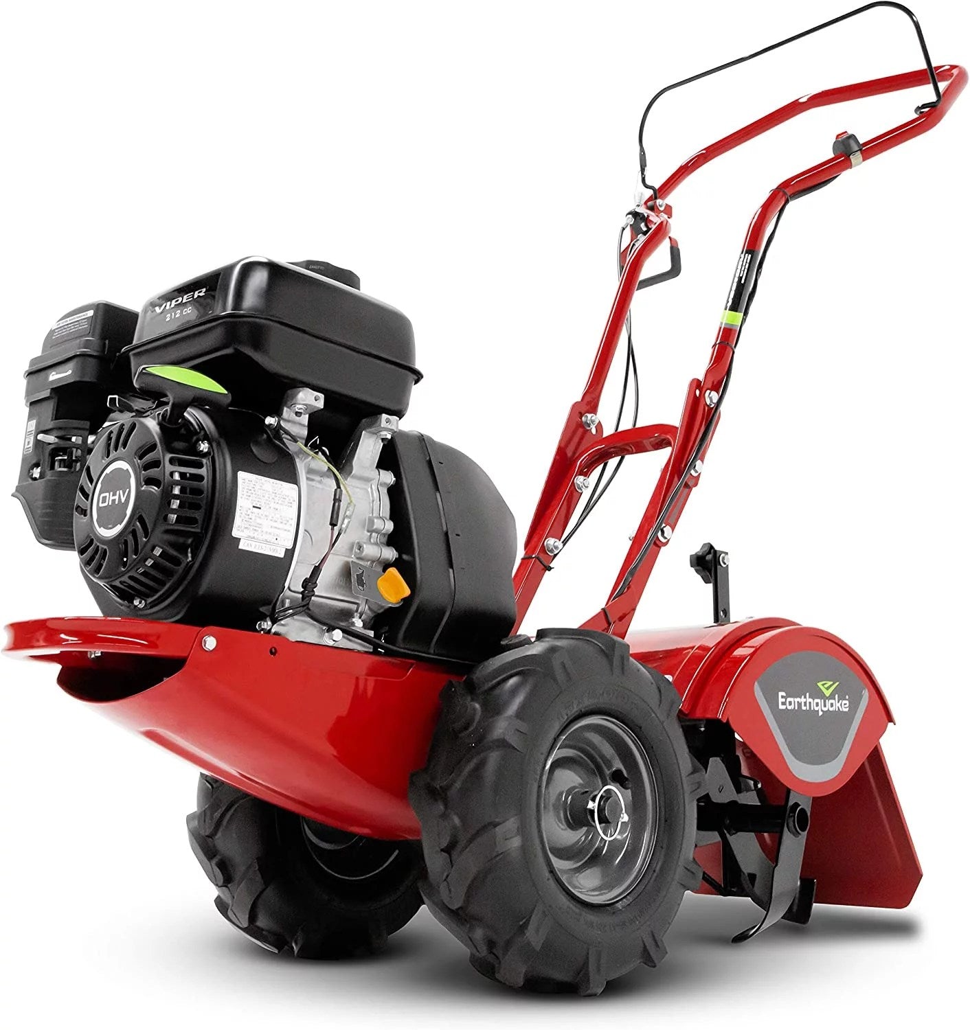 VIRLALA Earthquake Victory rear tine tiller with 212cc 4-cycle Viper engine, used for cultivating soil in gardens.