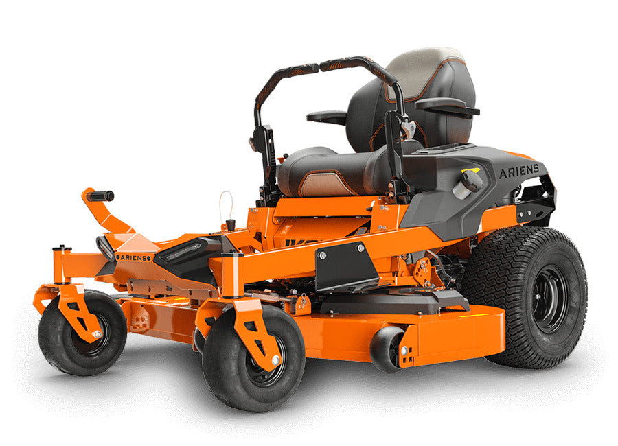 Ariens IKON 52 zero-turn mower with 23HP Kawasaki engine, 52-inch cutting deck, VIRLALA branding, and safety features.