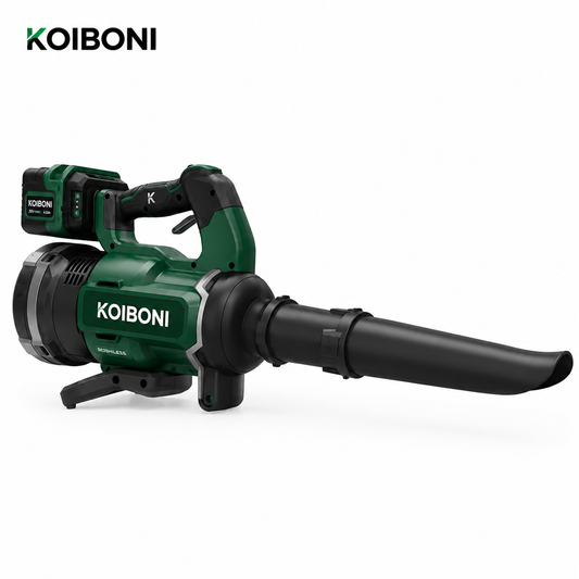 KOIBONI AeroBlast 18V cordless leaf blower showing a handheld blower with a black and orange design.