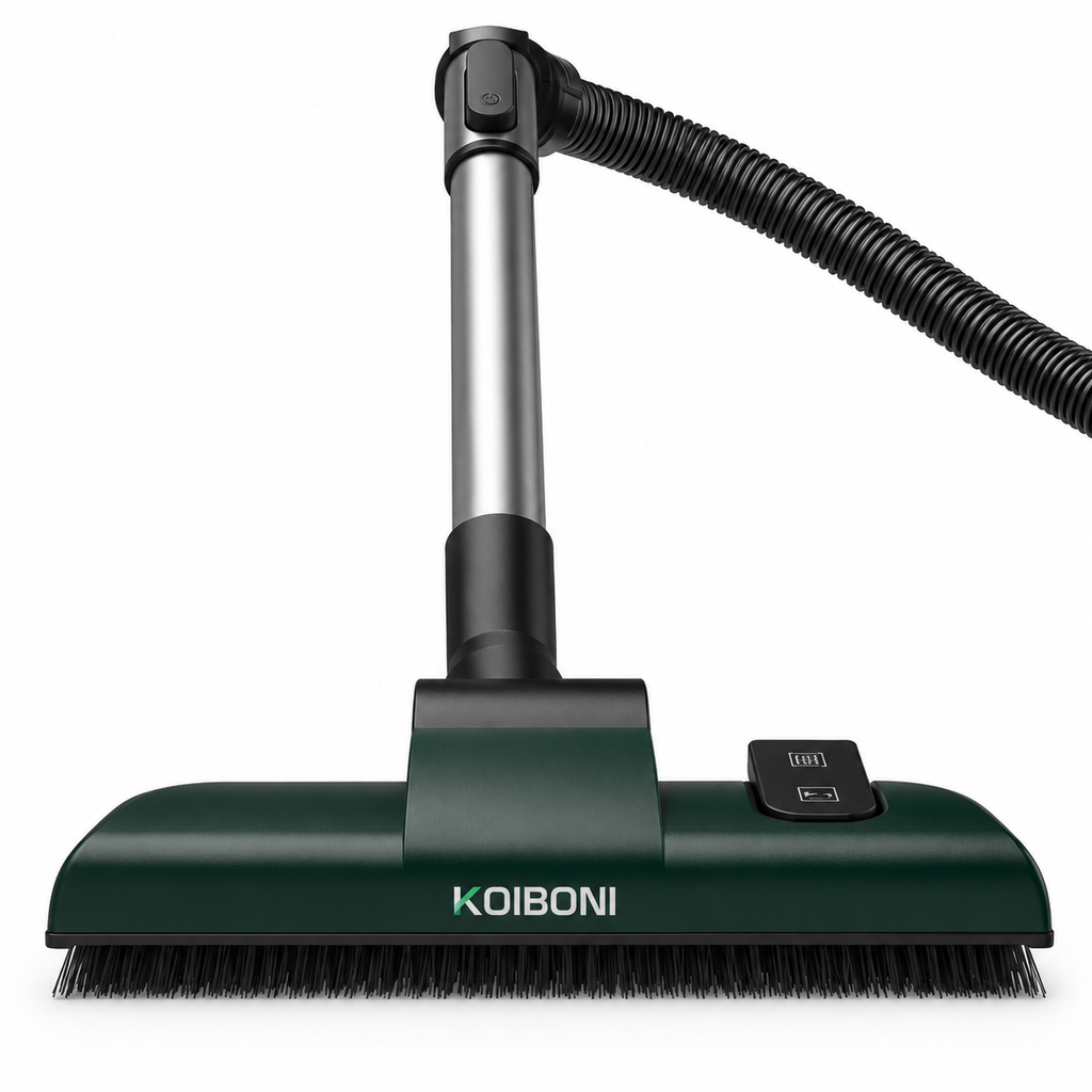 KOIBONI CleanGuard S1 bagged cylinder vacuum cleaner with hose and attachments on a tiled floor.