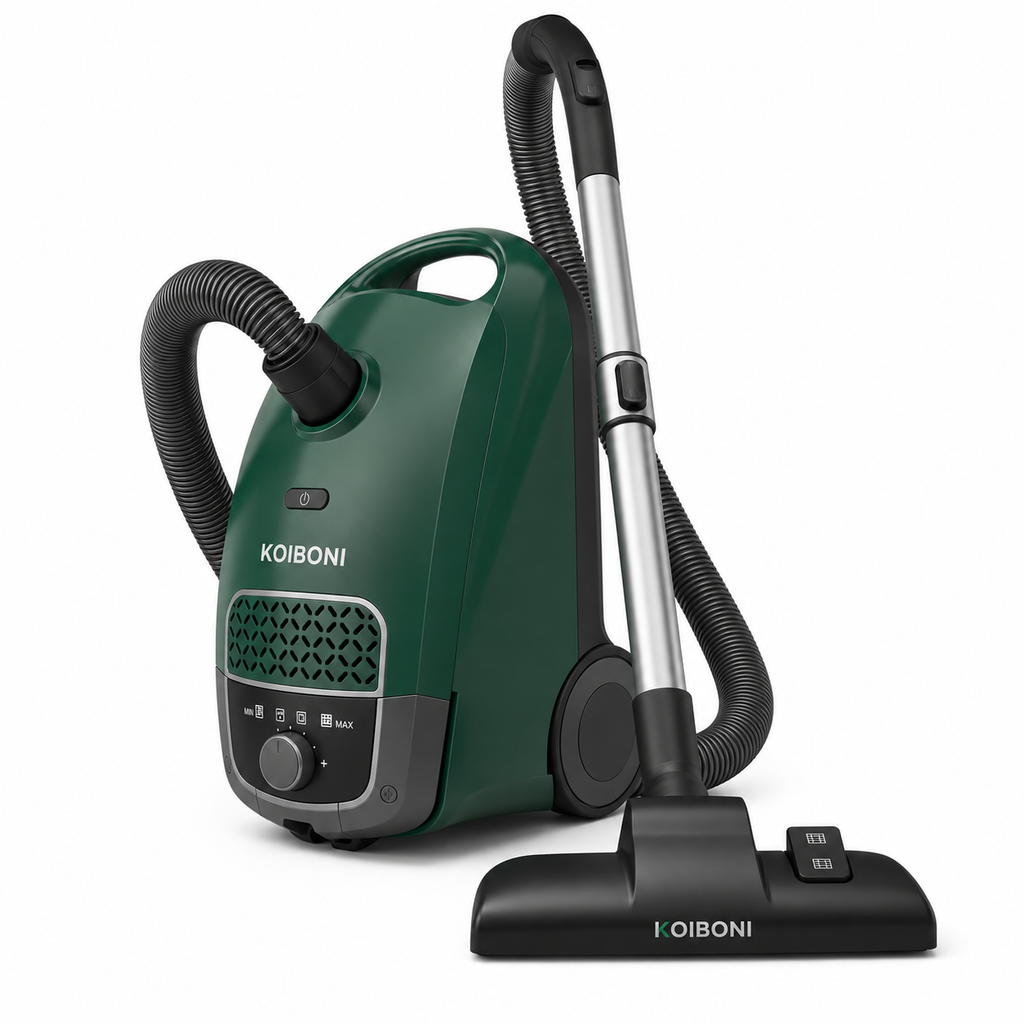 KOIBONI CleanGuard S1 bagged cylinder vacuum cleaner with a sleek design and hose attachment for efficient cleaning.