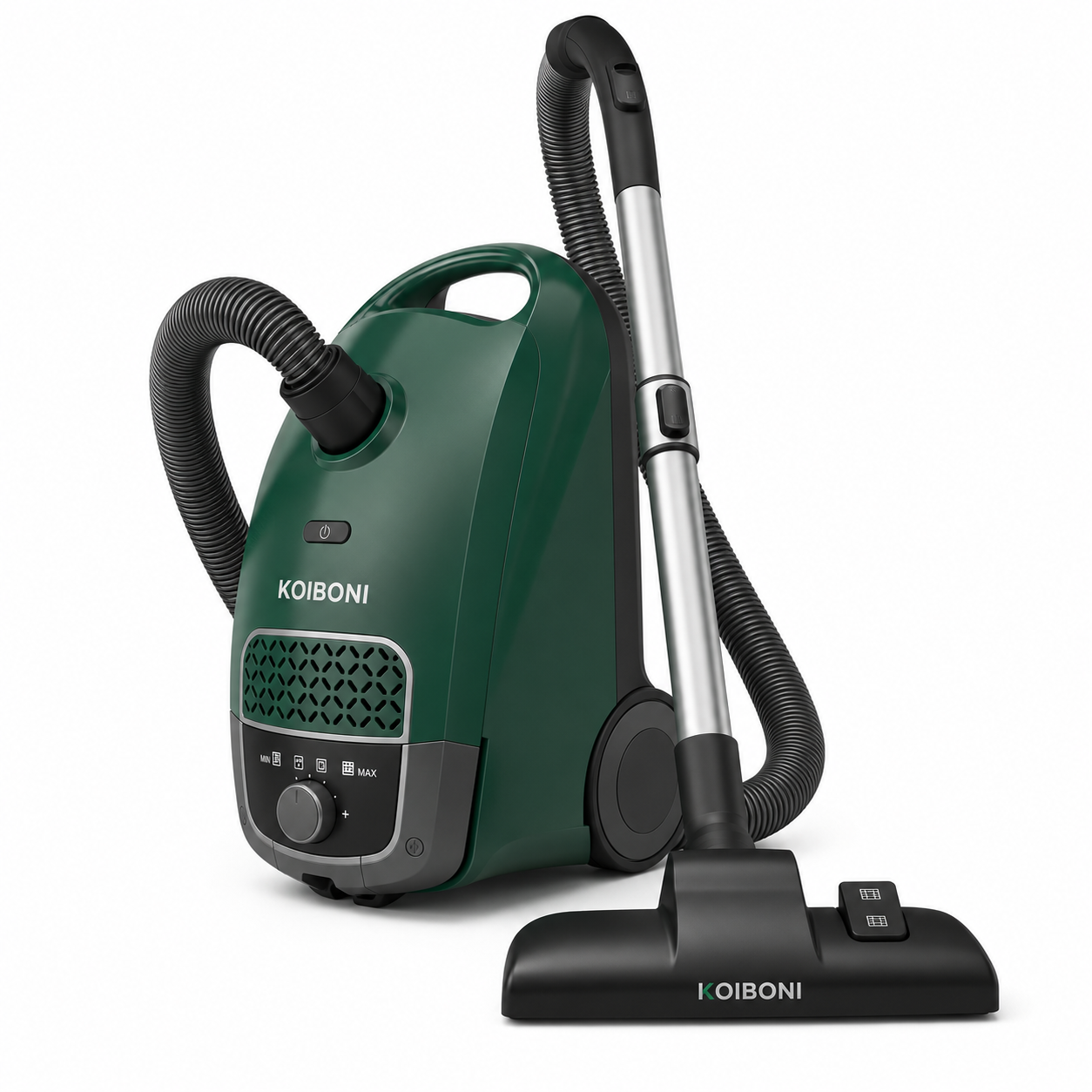 KOIBONI CleanGuard S1 bagged cylinder vacuum cleaner with a sleek design and hose attachment for efficient cleaning.
