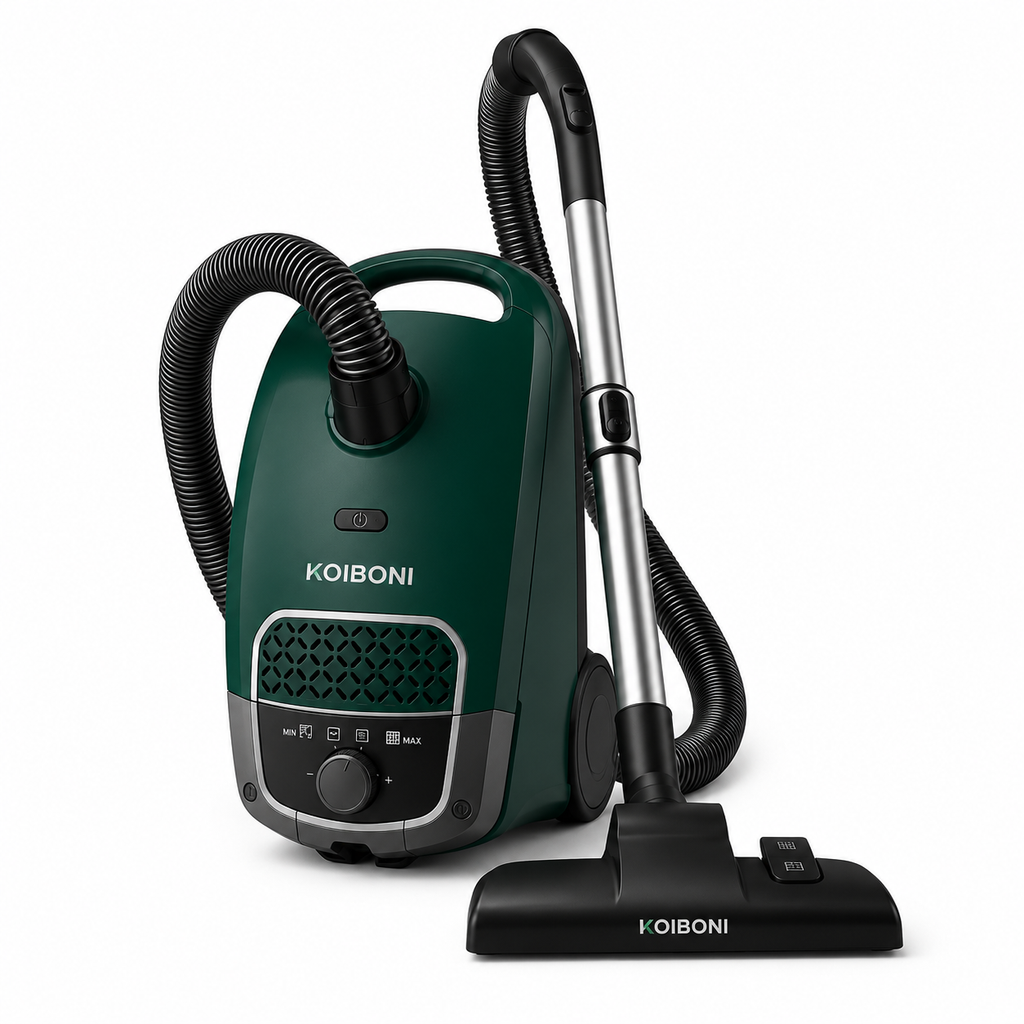 KOIBONI CleanGuard S1 bagged cylinder vacuum cleaner with a sleek design and adjustable hose for versatile cleaning.