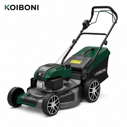 KOIBONI PowerCut 23-inch 200cc AutoDrive lawn mower with a cutting deck and adjustable handle, ready for yard work.