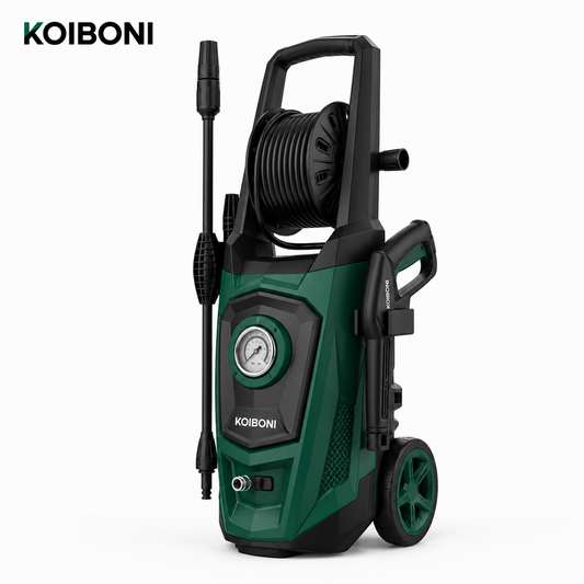 KOIBONI PowerFlow 1800W high-pressure washer with adjustable spray wand and durable design for outdoor cleaning tasks.