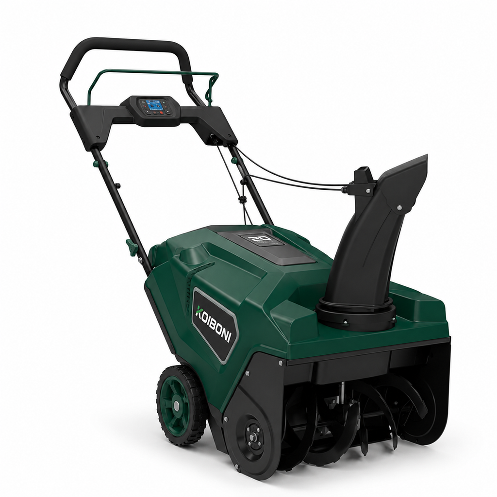 KOIBONI SnowMaster 20 single-stage auger snow blower with a powerful engine and clearing chute, ready for winter snow removal.