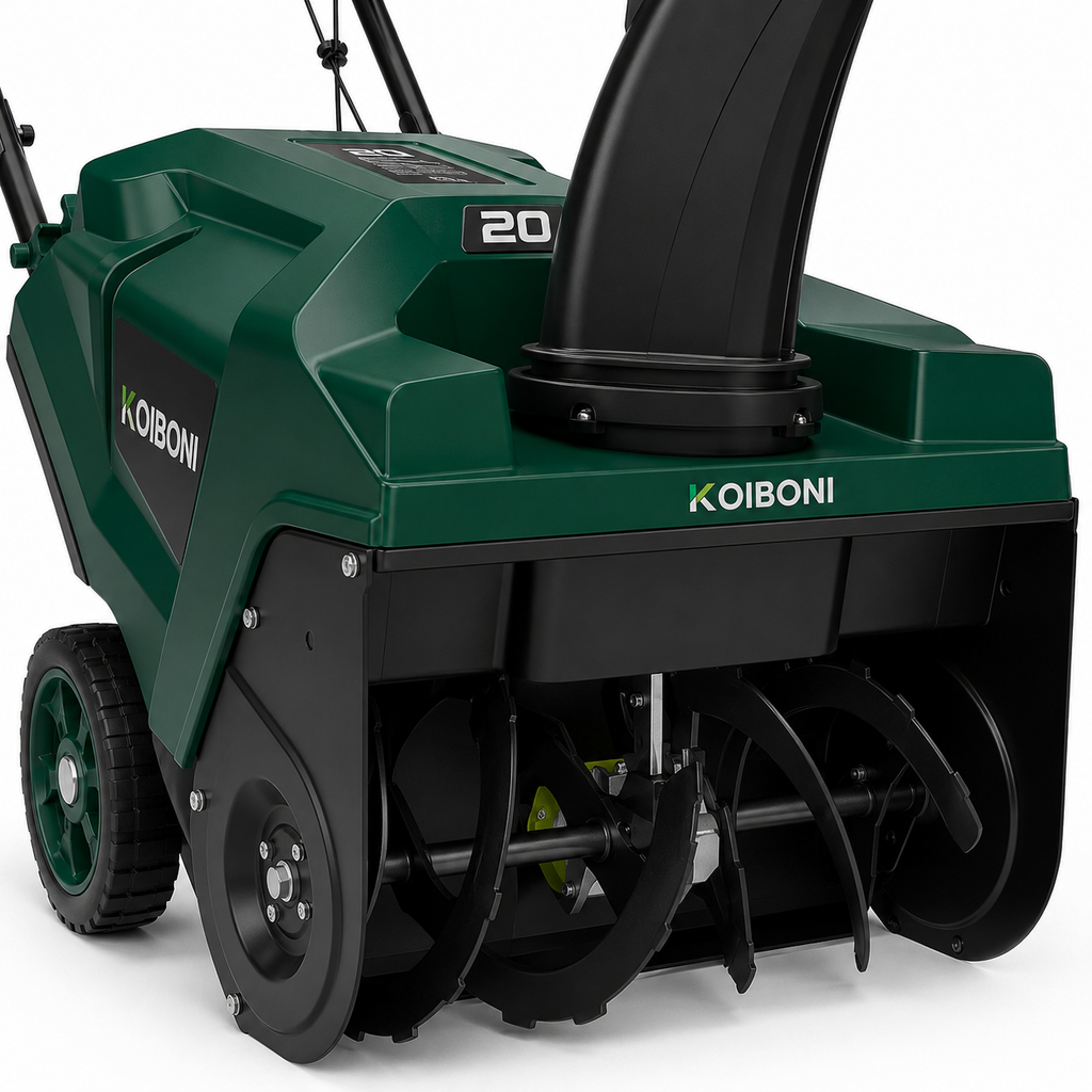 KOIBONI SnowMaster 20 single-stage auger snow blower showing the powerful auger and chute for efficient snow removal.
