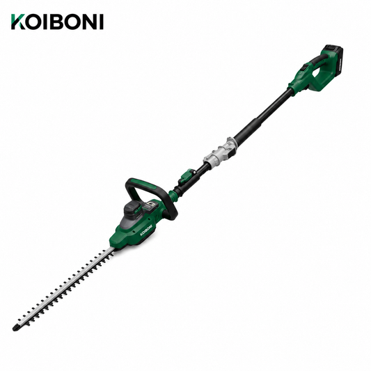 KOIBONI TrimMaster 20V PowerCut cordless hedge trimmer with dual blades and ergonomic handle for precise garden hedge trimming.