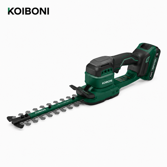 KOIBONI TrimPro 25V cordless hedge trimmer with dual blades and ergonomic handle for trimming shrubs and bushes.