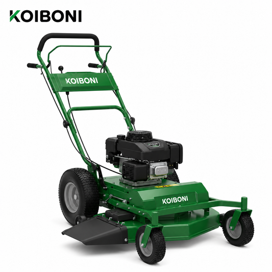 KOIBONI TurboEdge 32-inch gas zero-turn lawn mower with 330cc engine, featuring a cutting deck and ergonomic handle.