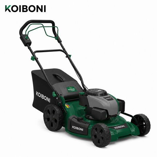 KOIBONI TurfMaster 20-inch 185cc lawn mower with PowerMove 3-in-1 feature, showing the mower on a lush green lawn.