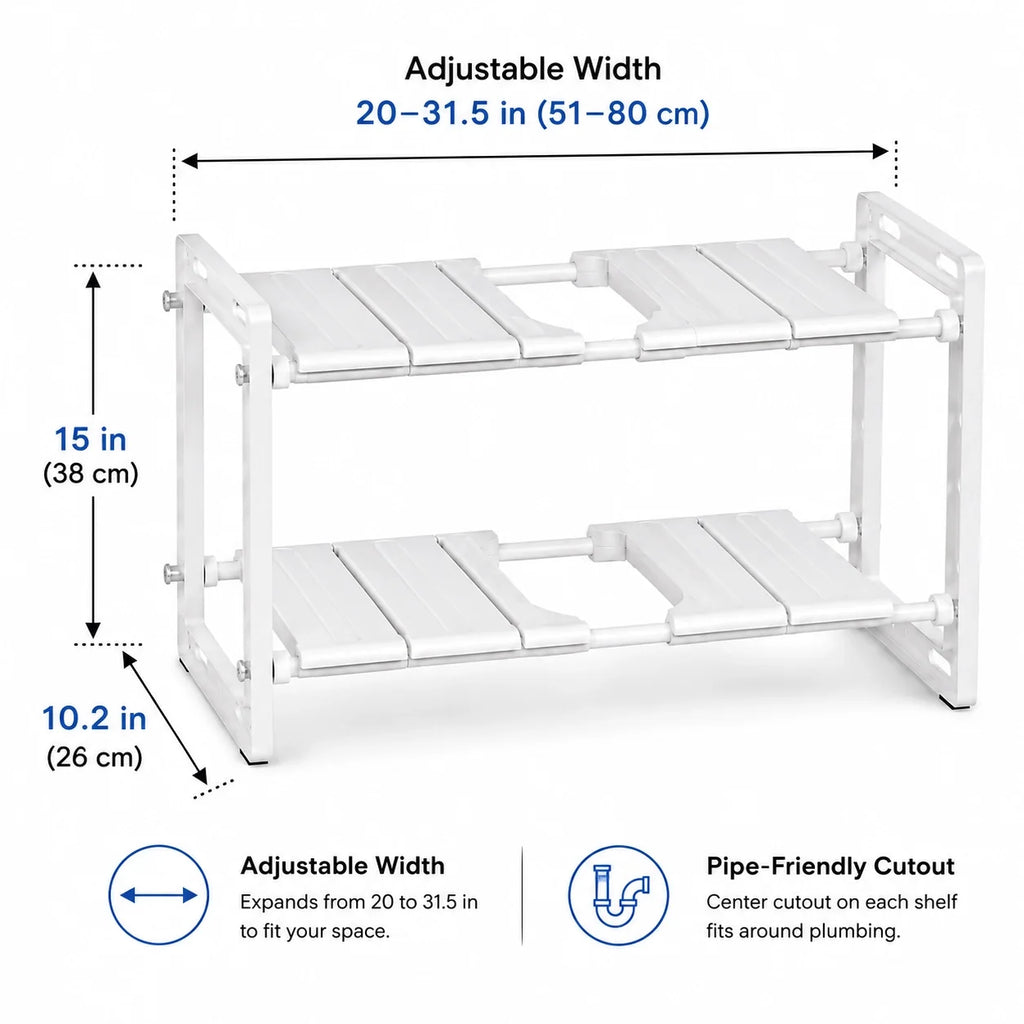 Adjustable 2-Tier Under-Sink Organiser Rack, White, 51-80 x 26 x 38 cm