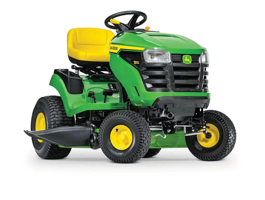 VIRLALA John Deere S100 riding lawn mower with 42-inch cutting deck and 17.5 HP gas engine, hydrostatic transmission.